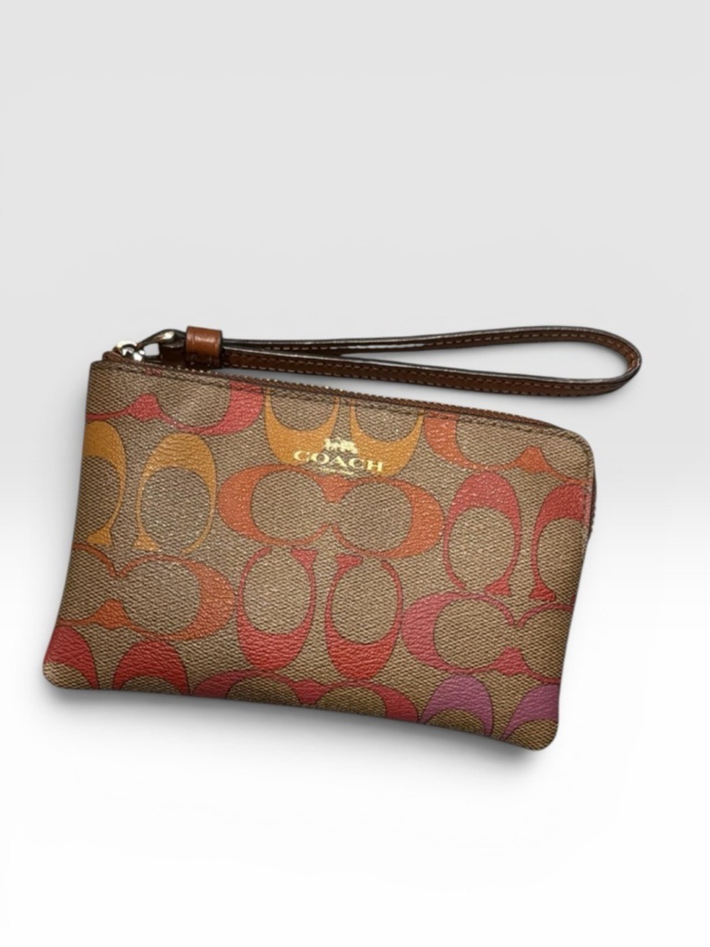 Coach Multicolor Signature Canvas Wristlet Brown Red Orange